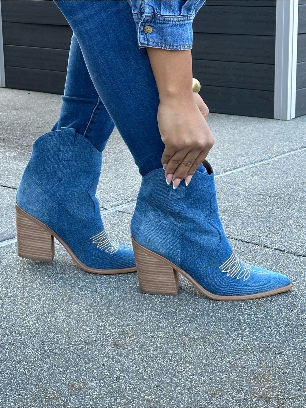 Marc Fisher- Denim Blue Western Block Heel Ankle Boots